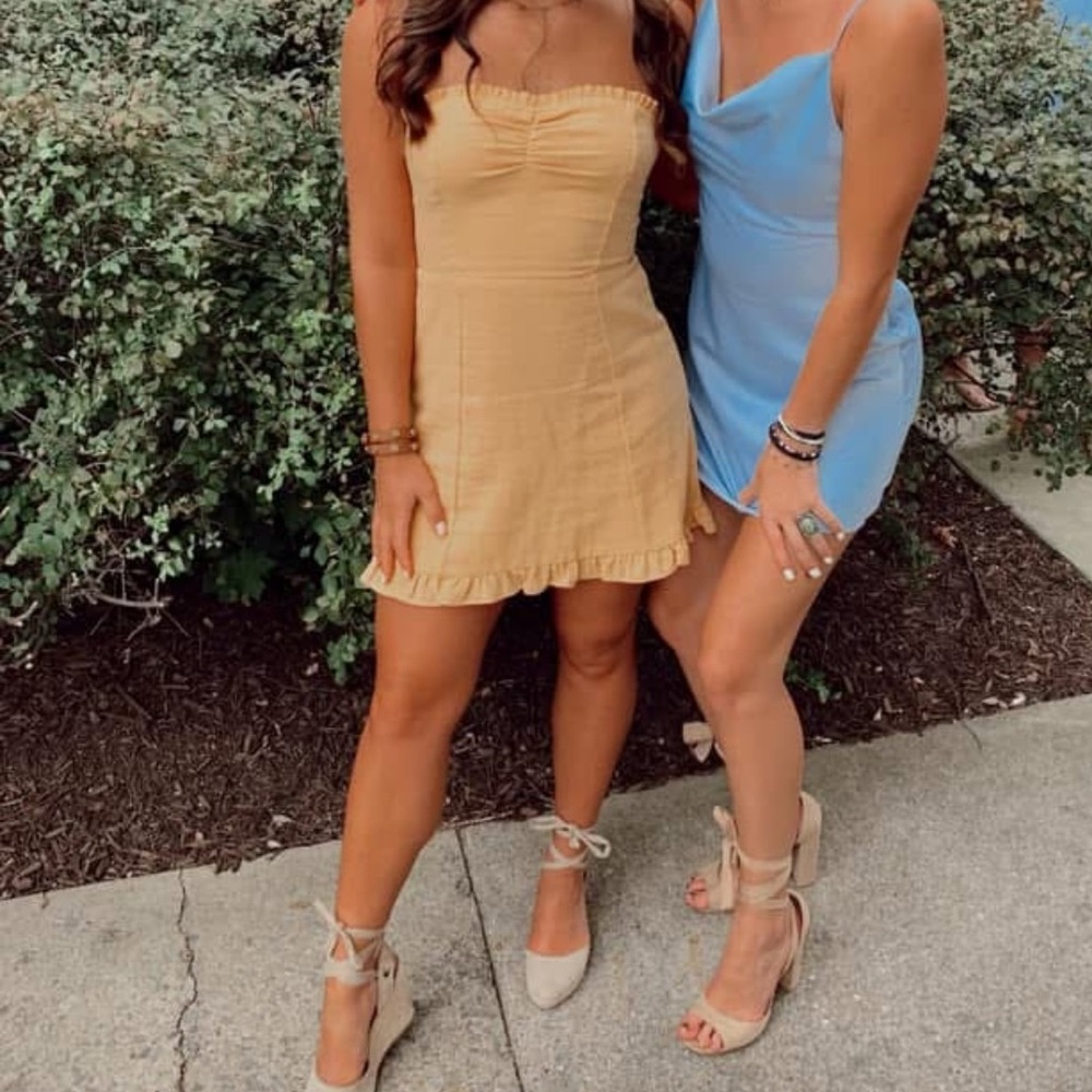 Free People Yellow Strapless Dress with Ruffle Hem